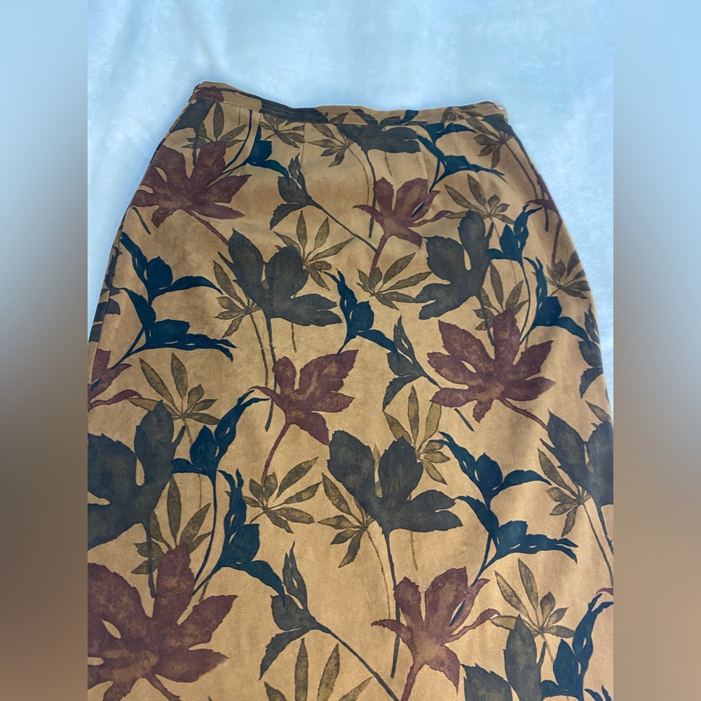 VTG Stonebridge Boho Maxi Skirt Leaf Brown Navy Gold Earthy Aesthetic Slit 8P - Picture 5 of 13